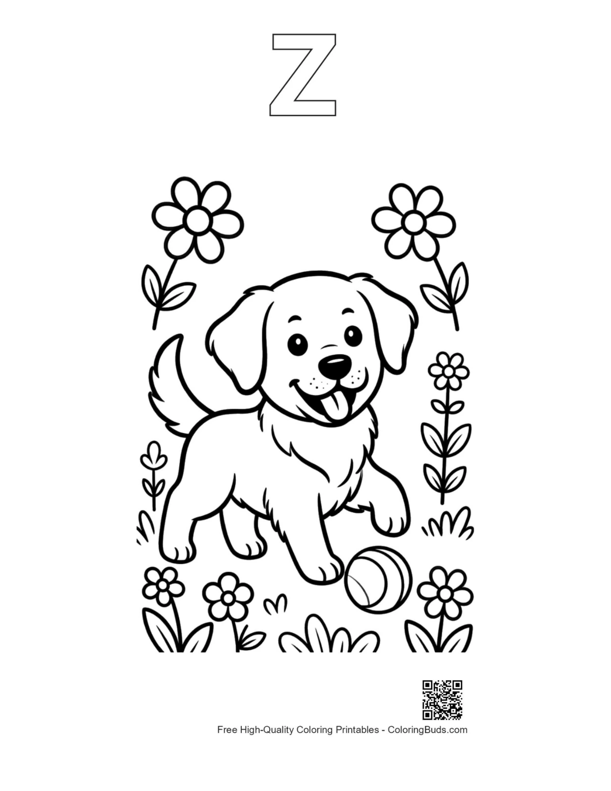Golden retriever puppy coloring page with alphabet Z outline