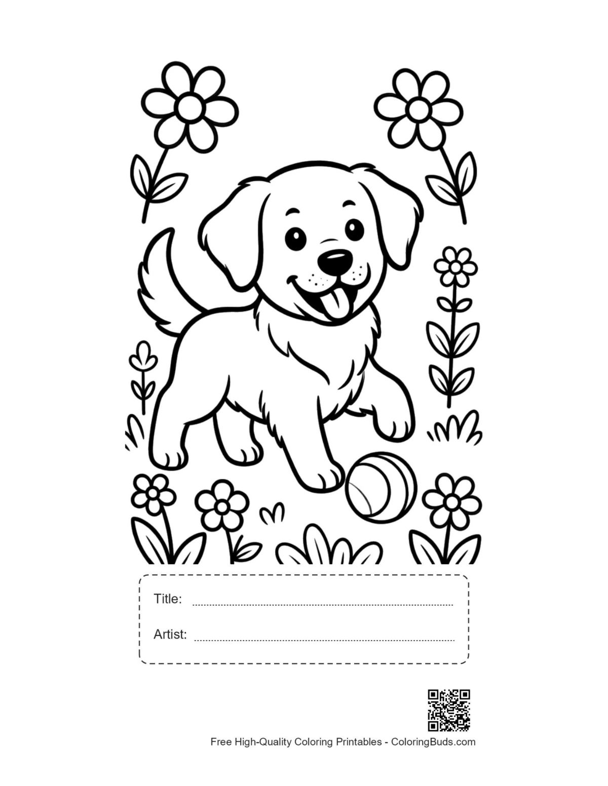 Golden retriever puppy printable with title artist box