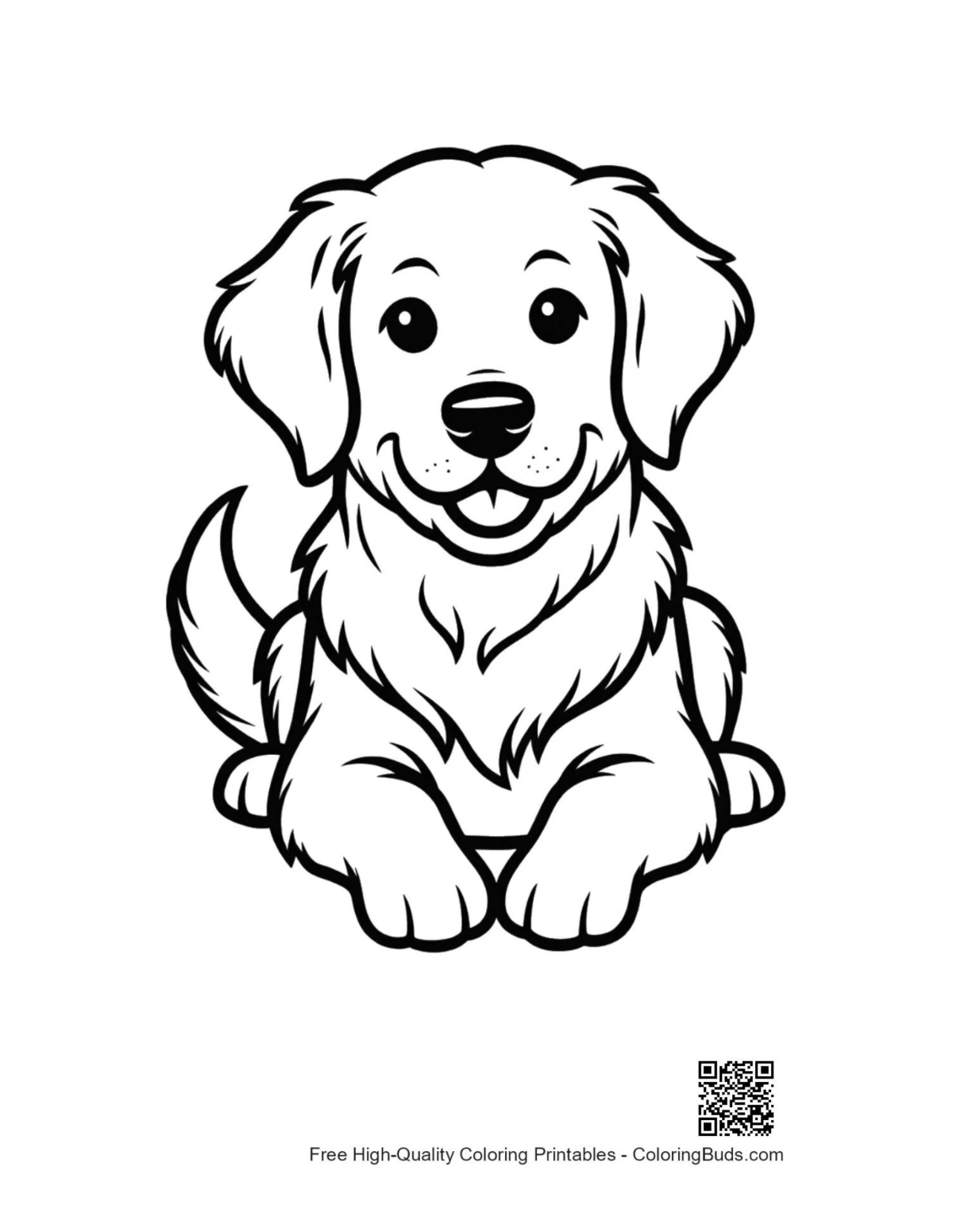 Cute golden retriever puppy sitting printable coloring page