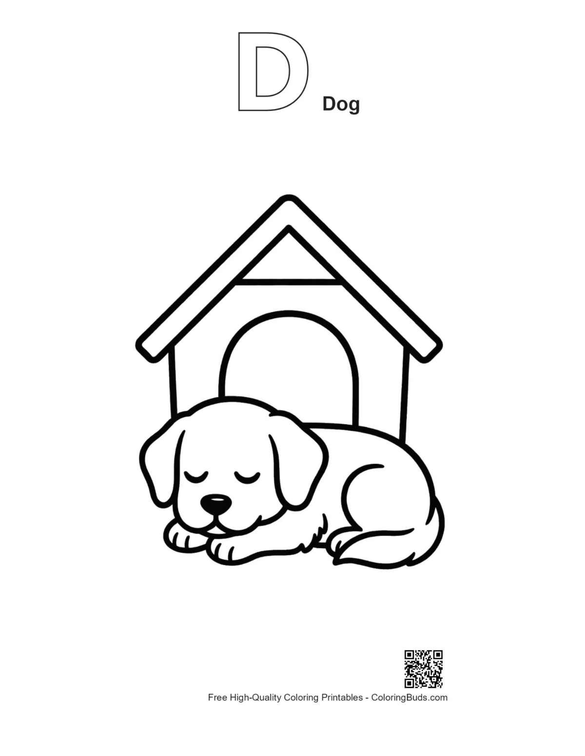 Golden retriever puppy doghouse printable with D alphabet outline