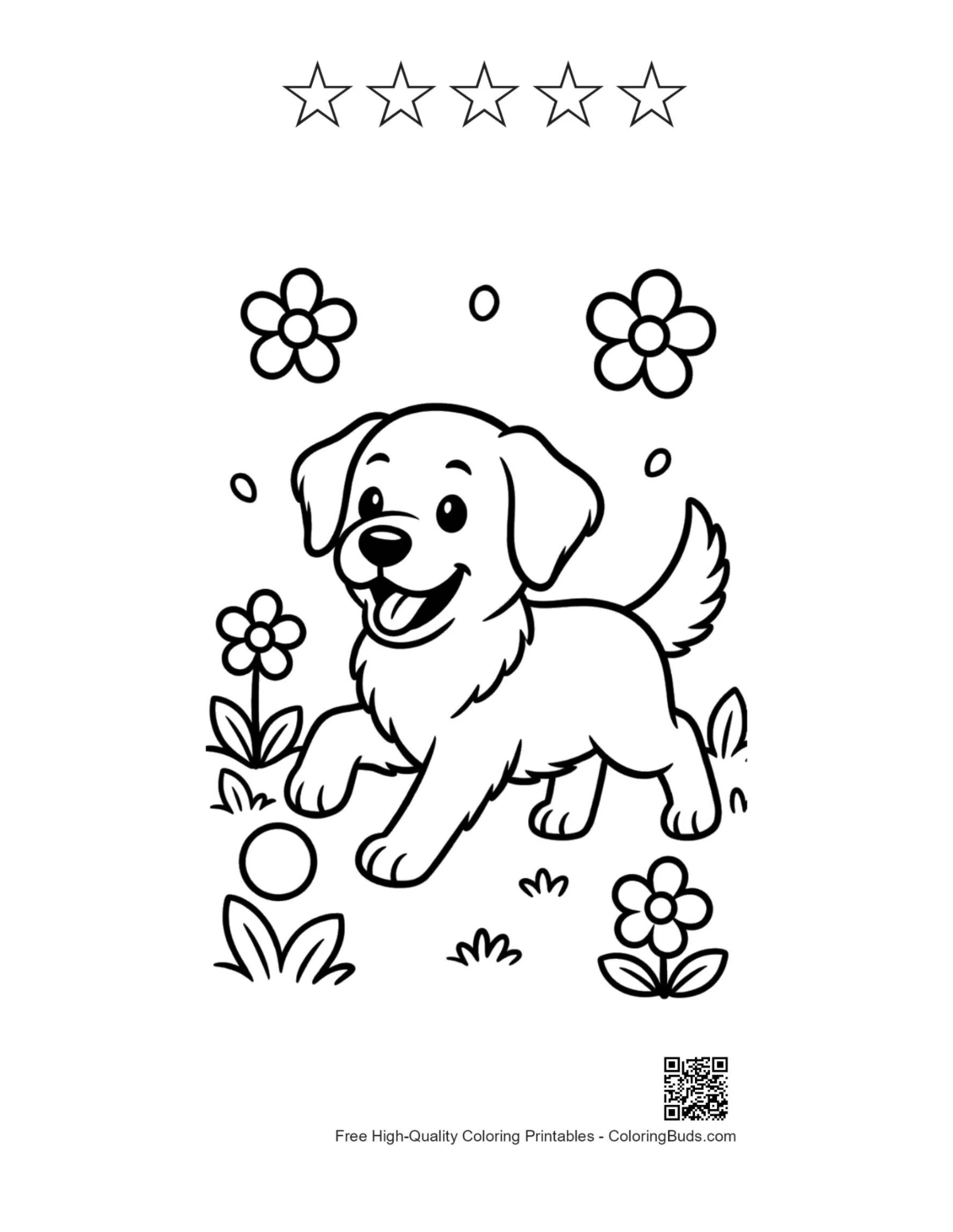 Golden Retriever printable with 5 star outline flower meadow