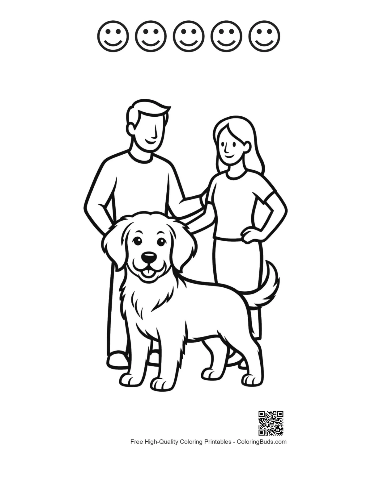 Printable family scene with Golden Retriever and happy faces