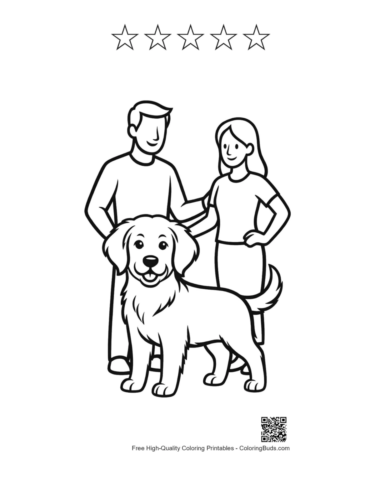 Family and Golden Retriever printable with star outlines