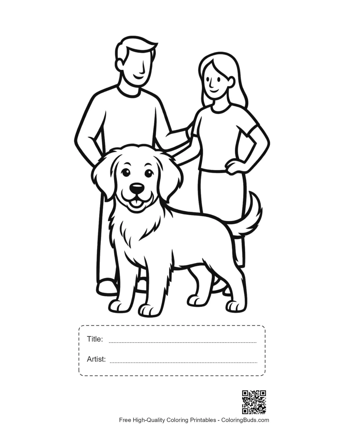 Printable happy family and Golden Retriever with title box