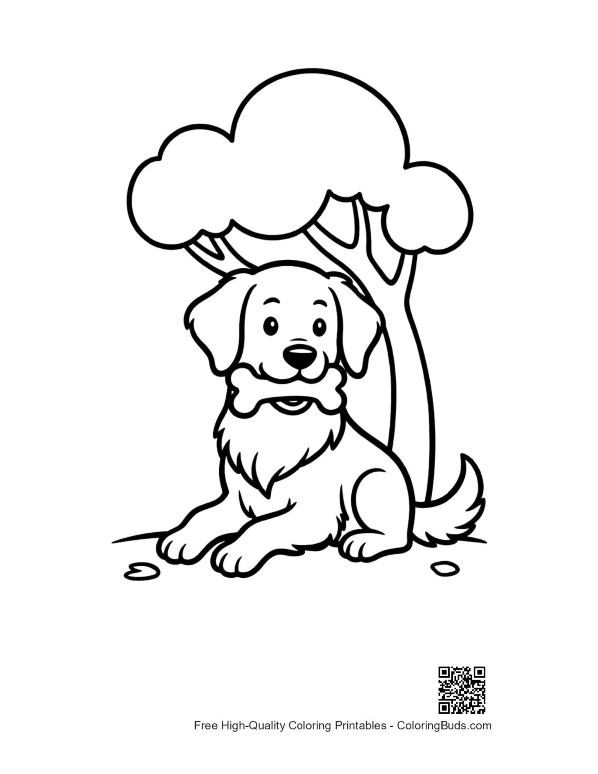 Happy golden retriever puppy by big tree coloring page