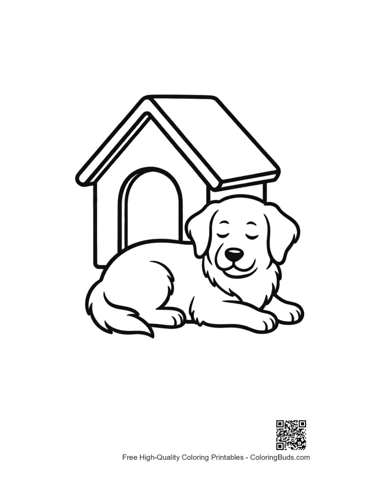 Cute Golden Retriever puppy sleeping by kennel coloring page