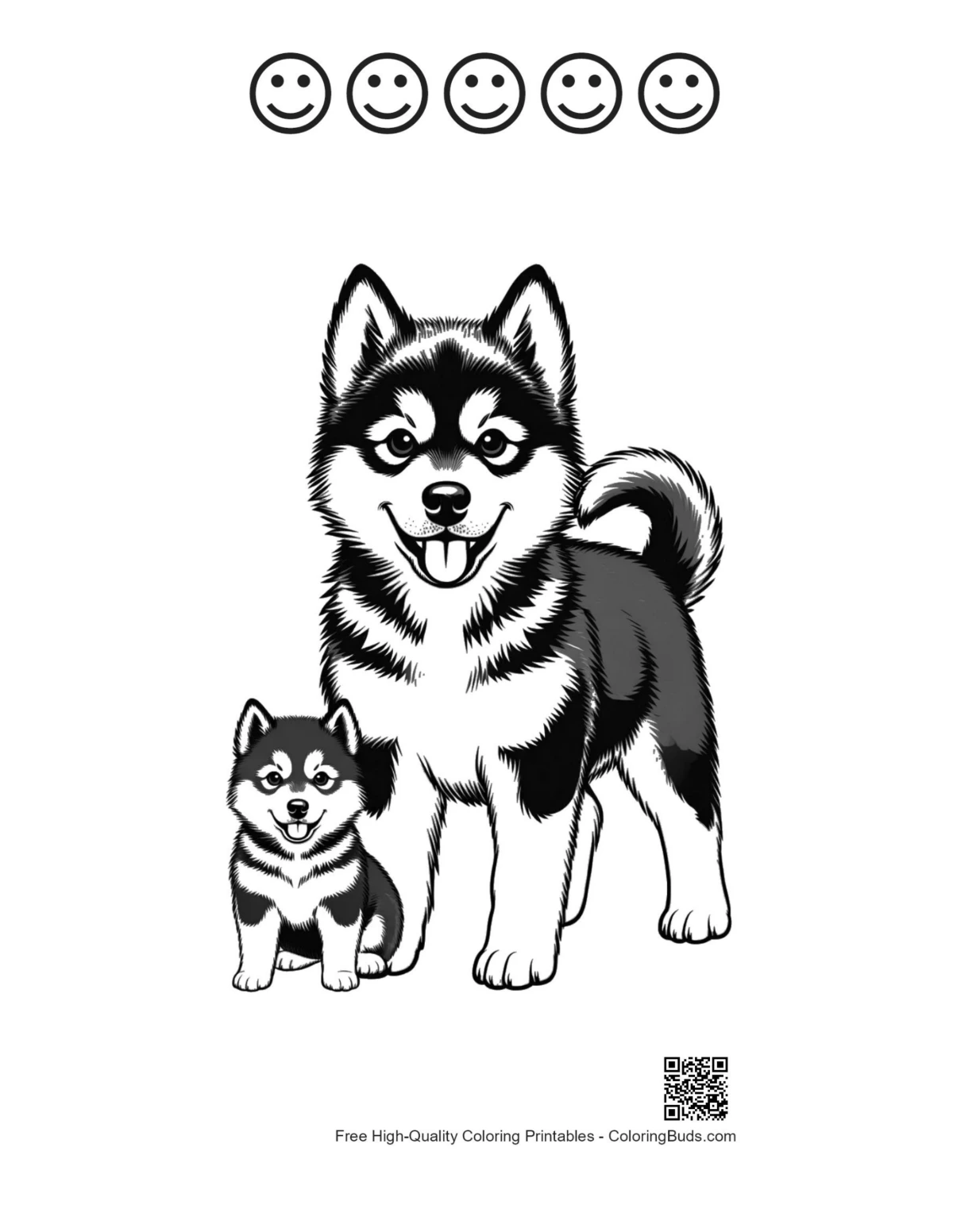 Husky coloring with 5 happy faces