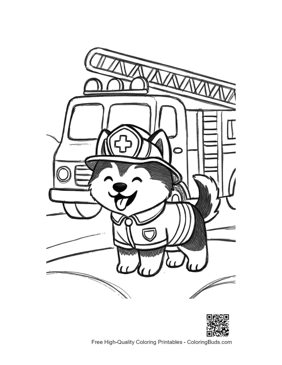 Cute husky puppy fireman line art printable