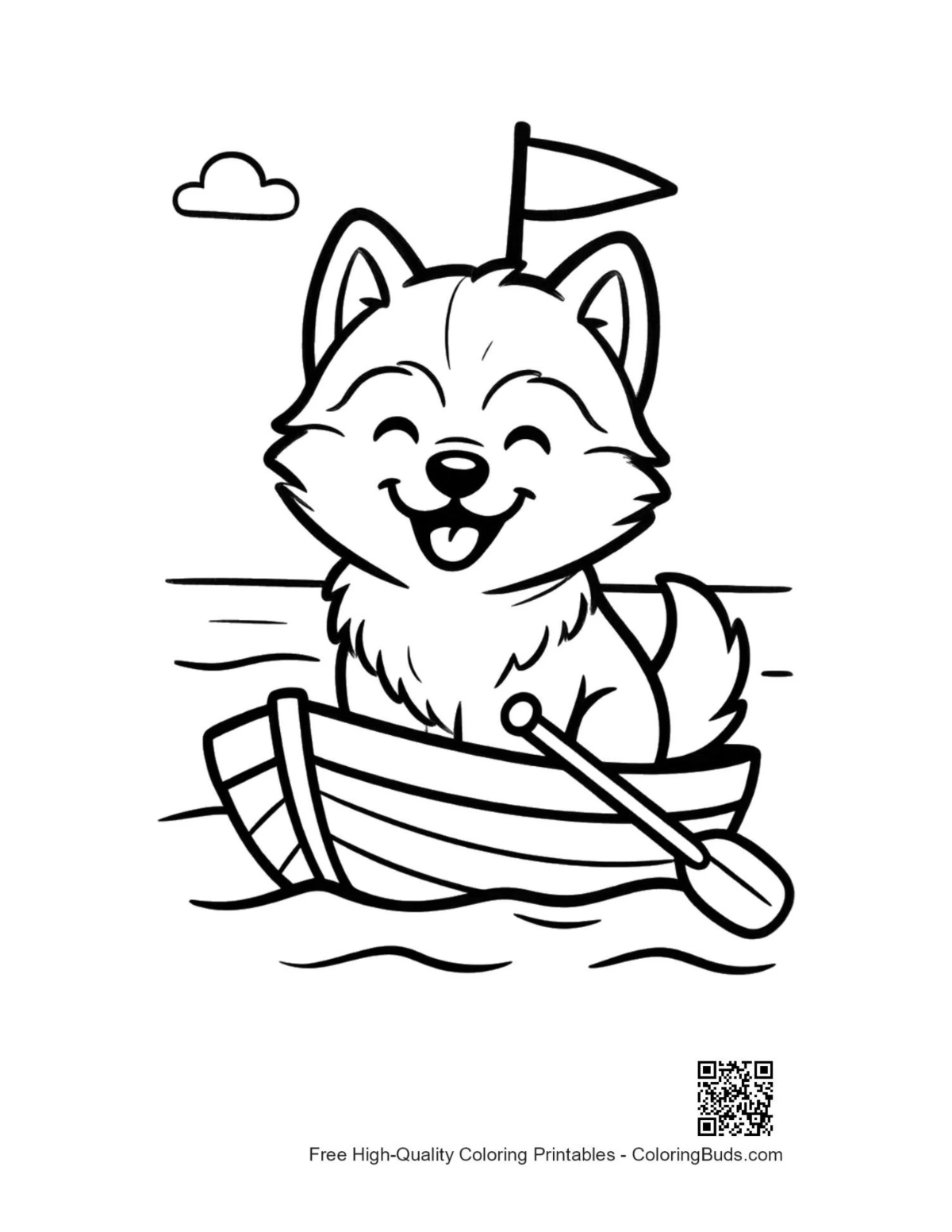 Adventurous husky puppy boating sunny day coloring printable