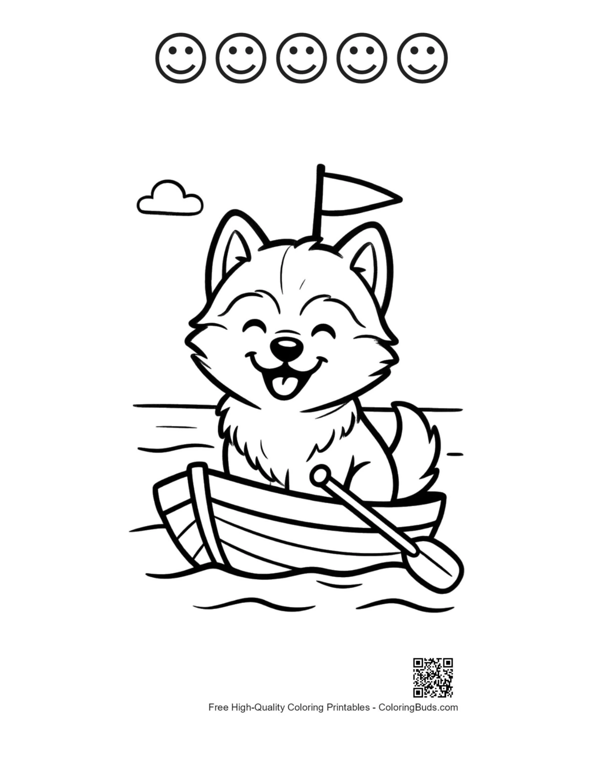 Husky puppy boat coloring with 5 happy faces outline printable