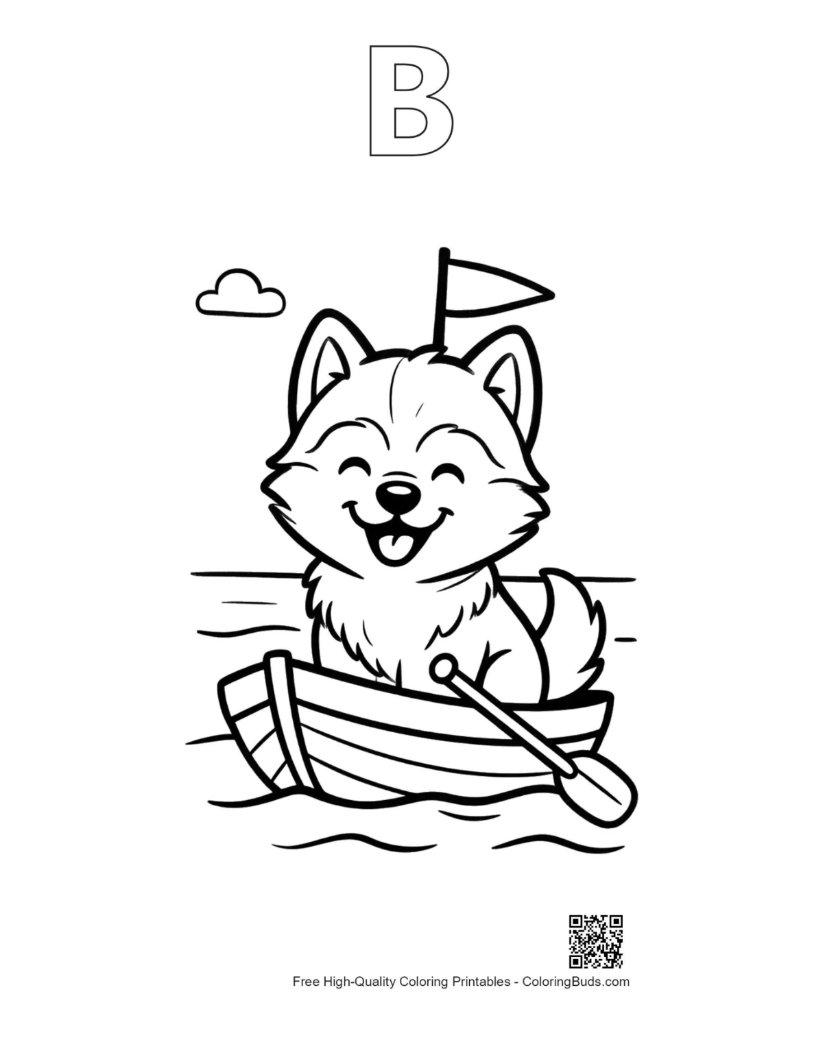 Husky puppy boat coloring page outline alphabet B printable