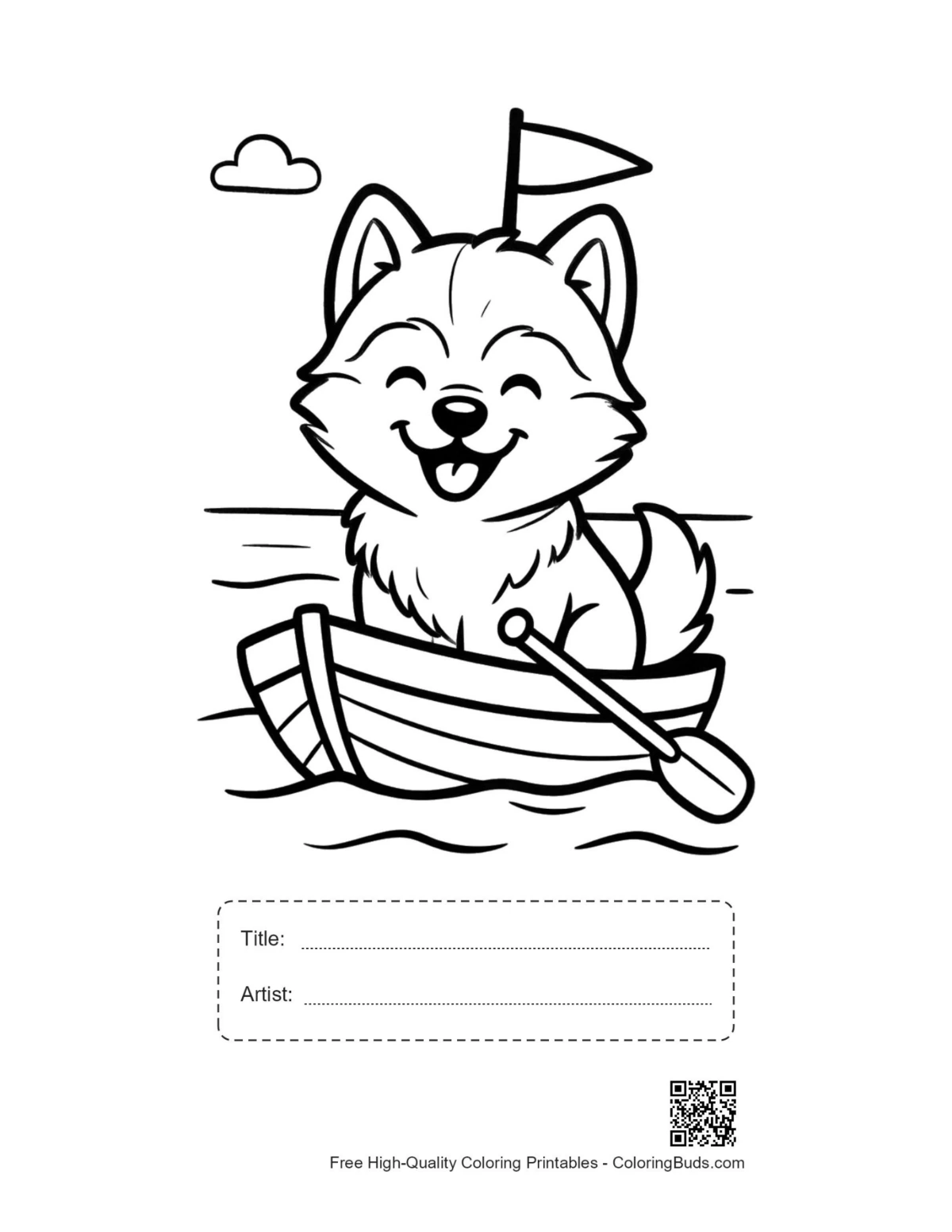 Husky puppy boat printable with title artist box coloring page