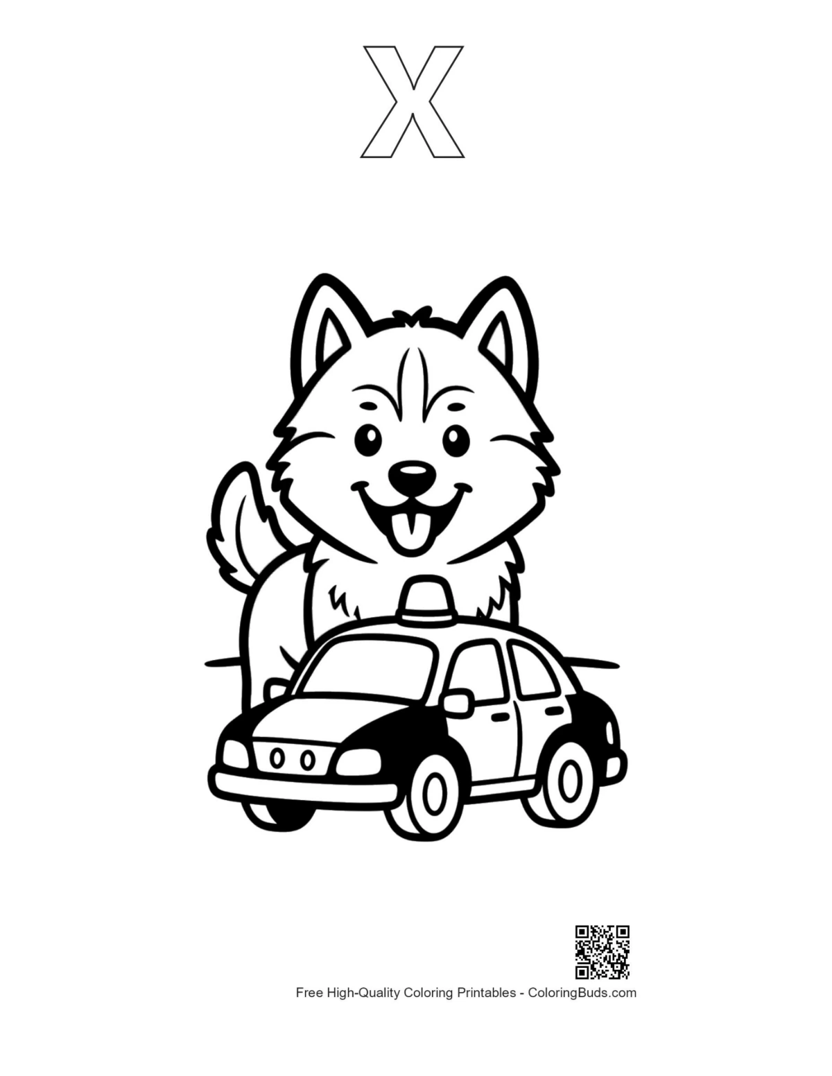 Cute Husky coloring with alphabet X outline