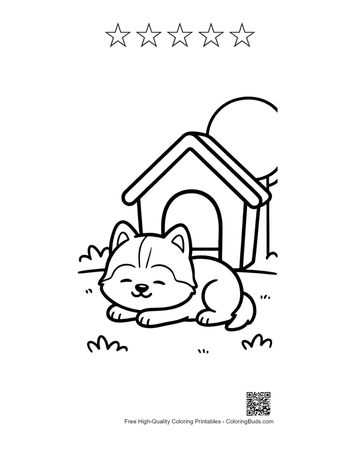 Husky with 5 stars outline printable coloring sheet