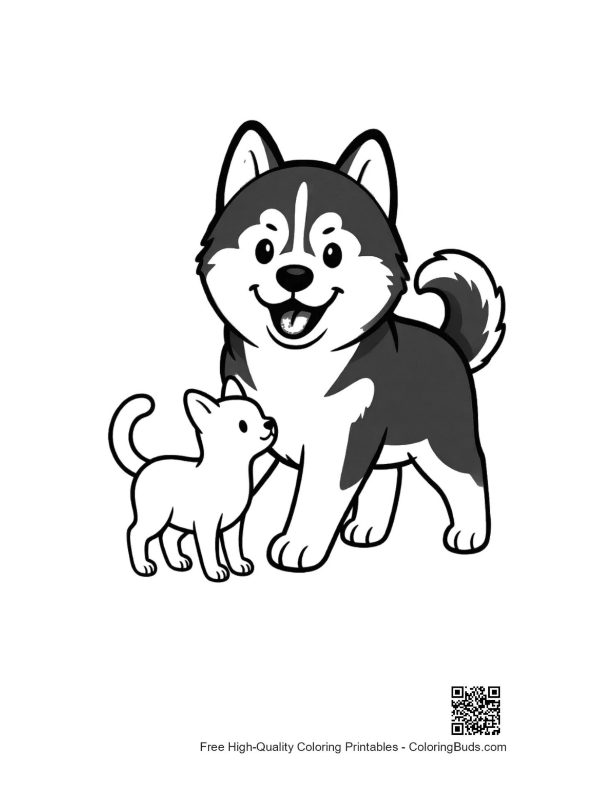 Cute Happy Husky Puppy and Kitten
