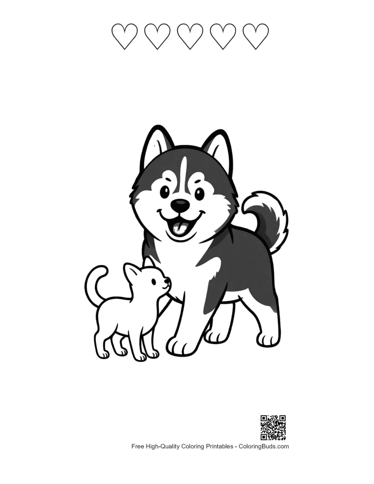 Cute Husky Kitten with 5 Hearts Outline
