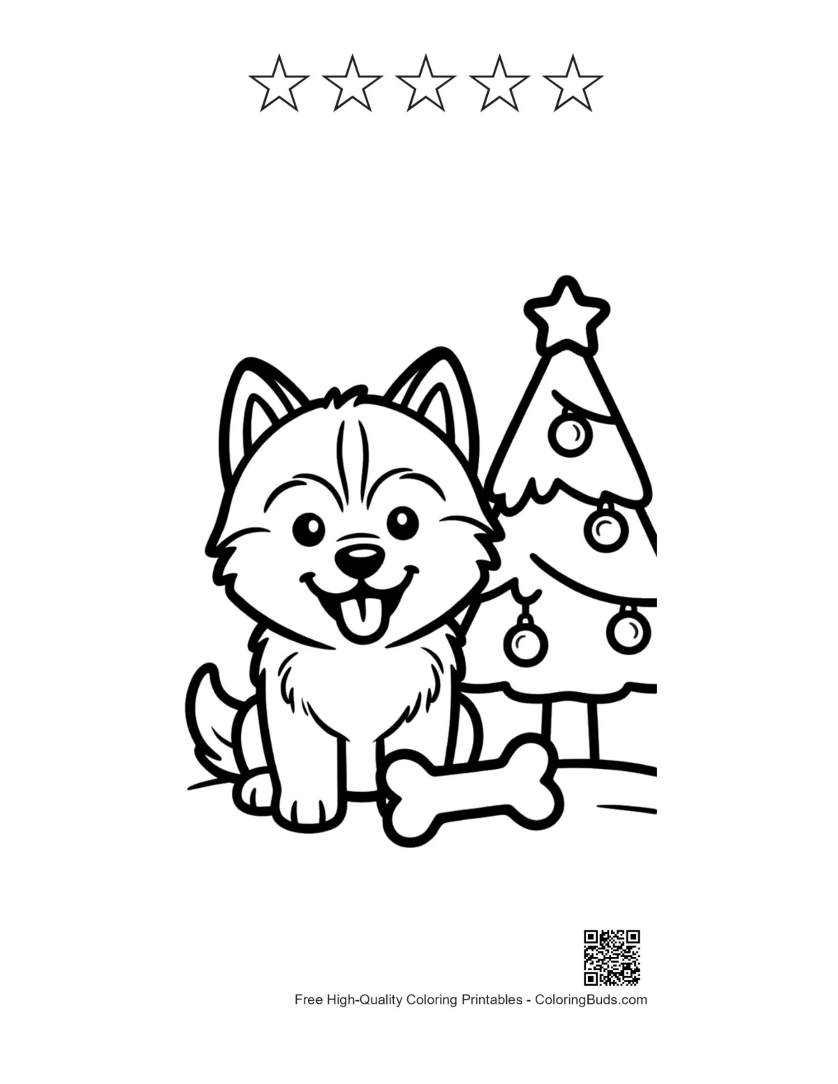 Cute Husky coloring printable with 5 star outlines