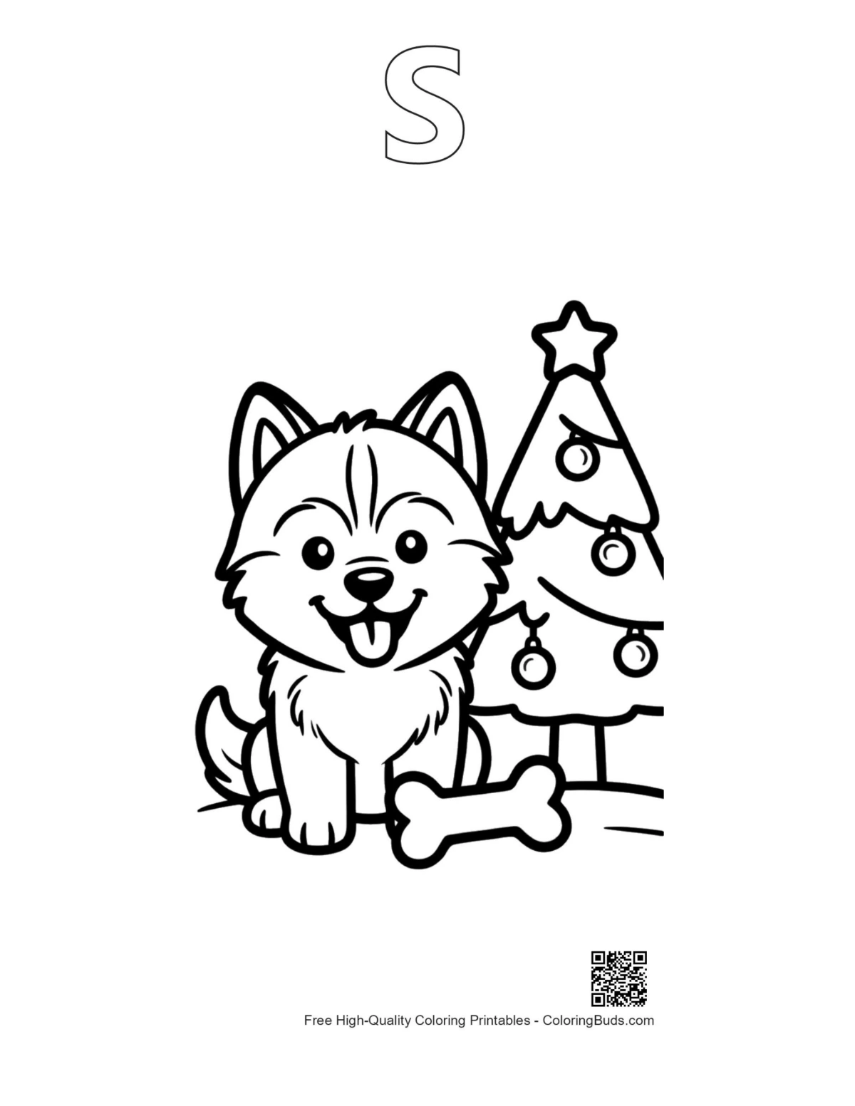 Husky puppy coloring page with alphabet S outline