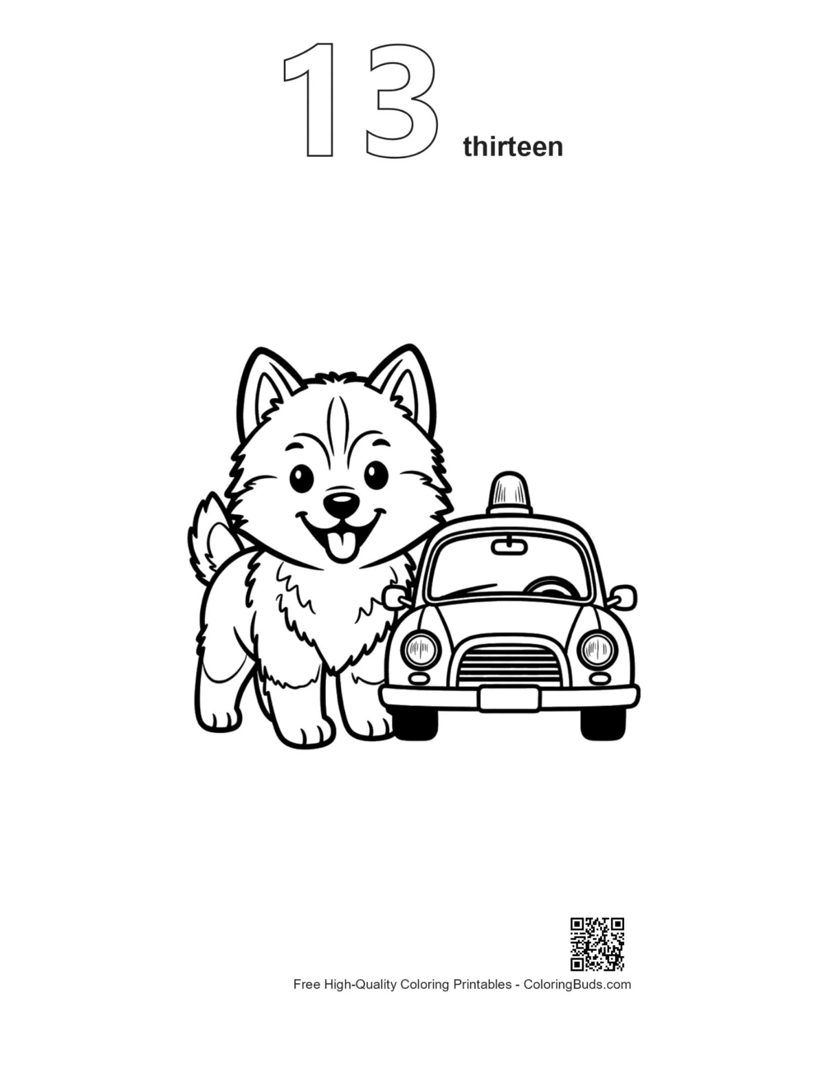 Husky printable outline numbered 13 for kids