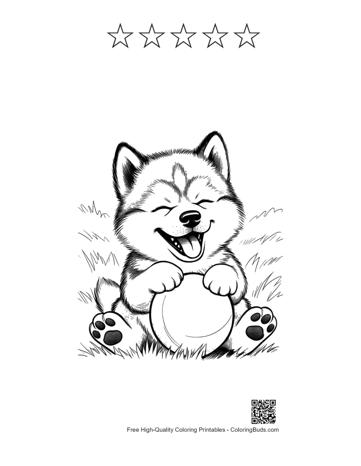 Husky coloring page with 5 star outlines