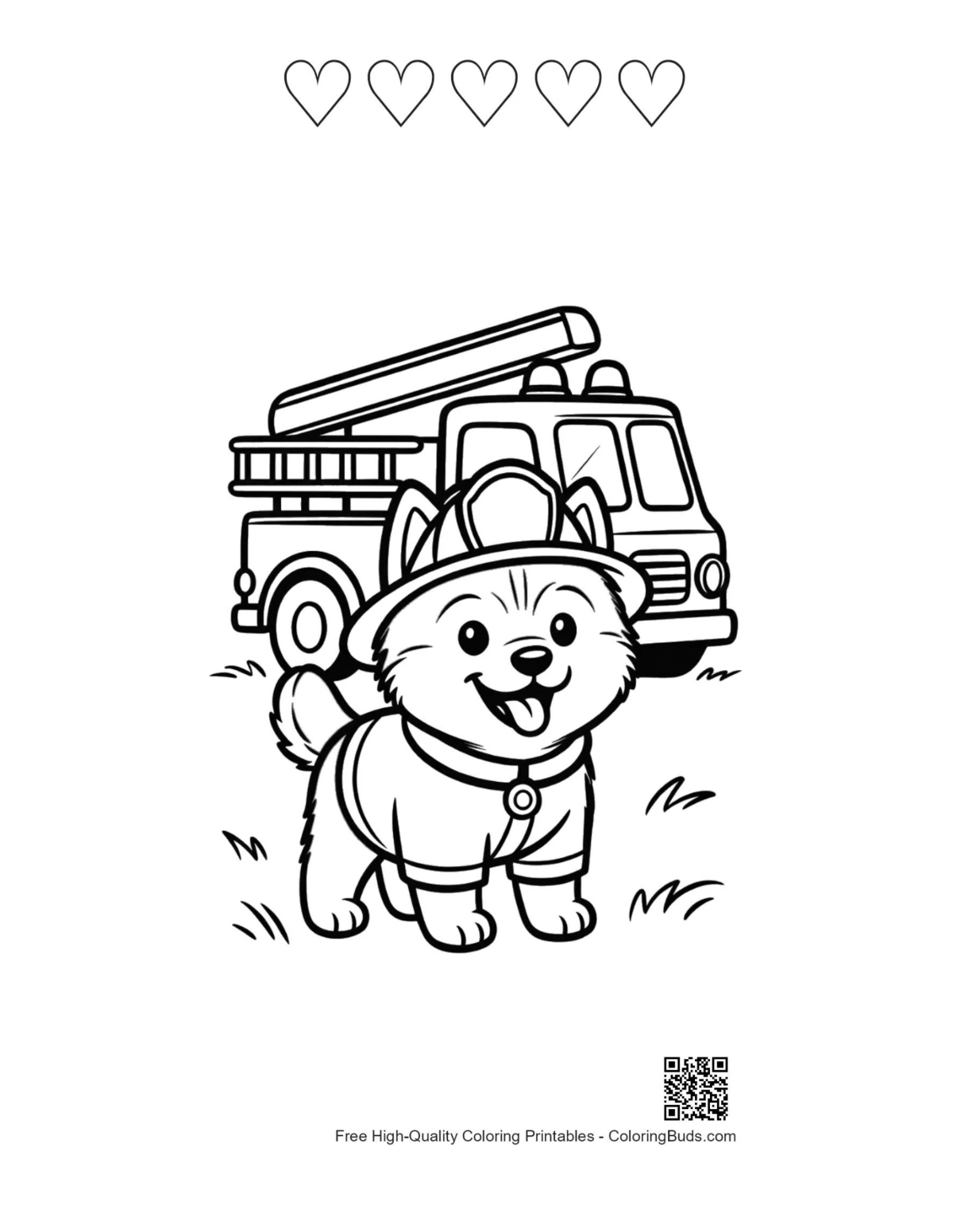 Husky firefighter printable with 5 heart outlines coloring