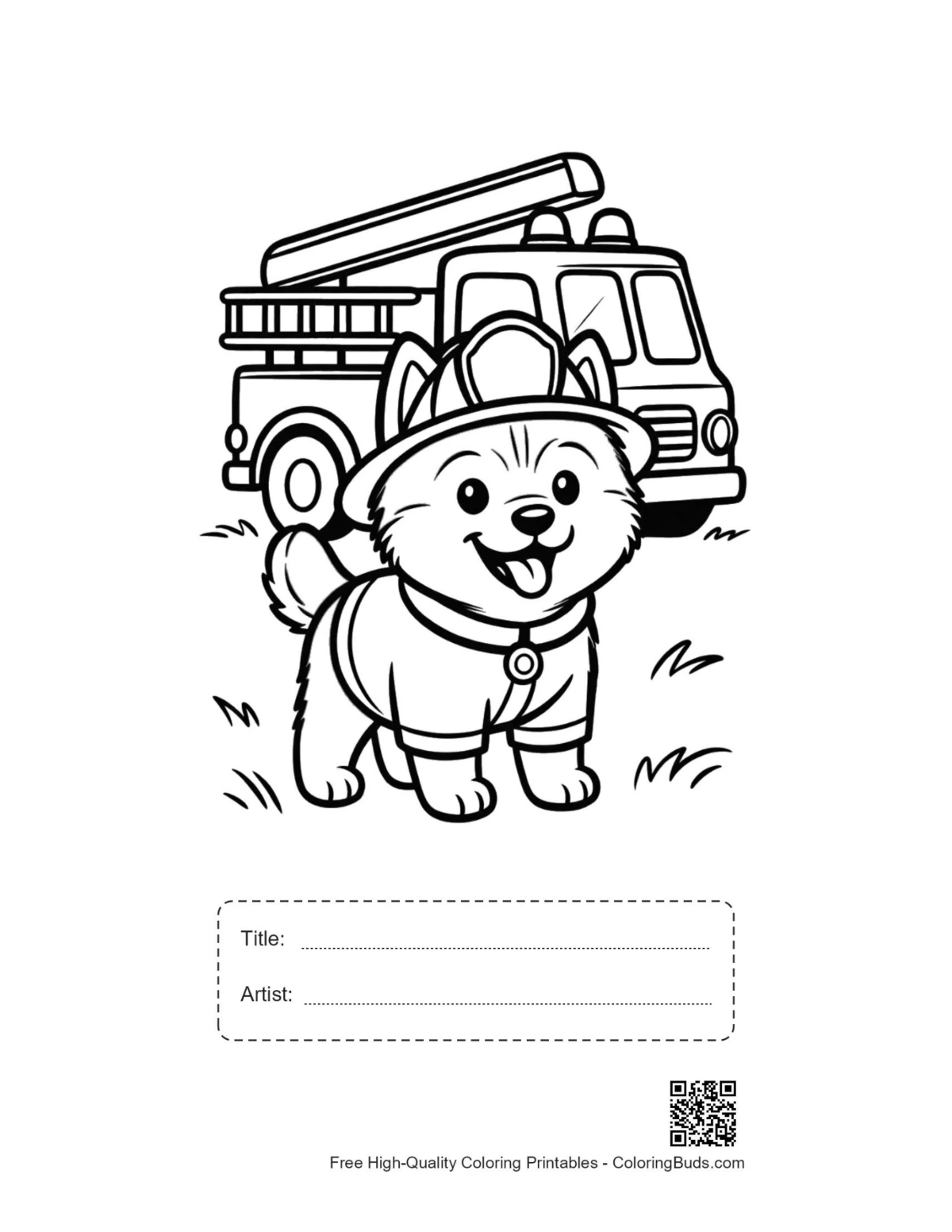 Husky firefighter coloring page with title artist box printable
