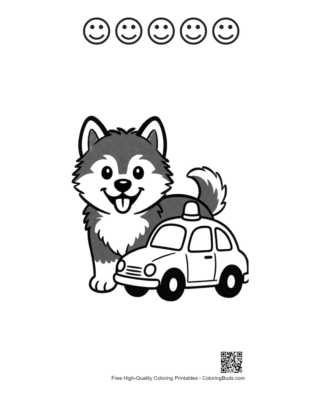 Husky coloring page with police car and 5 happy faces