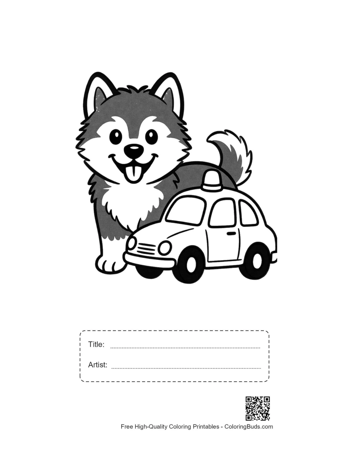 Husky puppy police car coloring page with title artist box