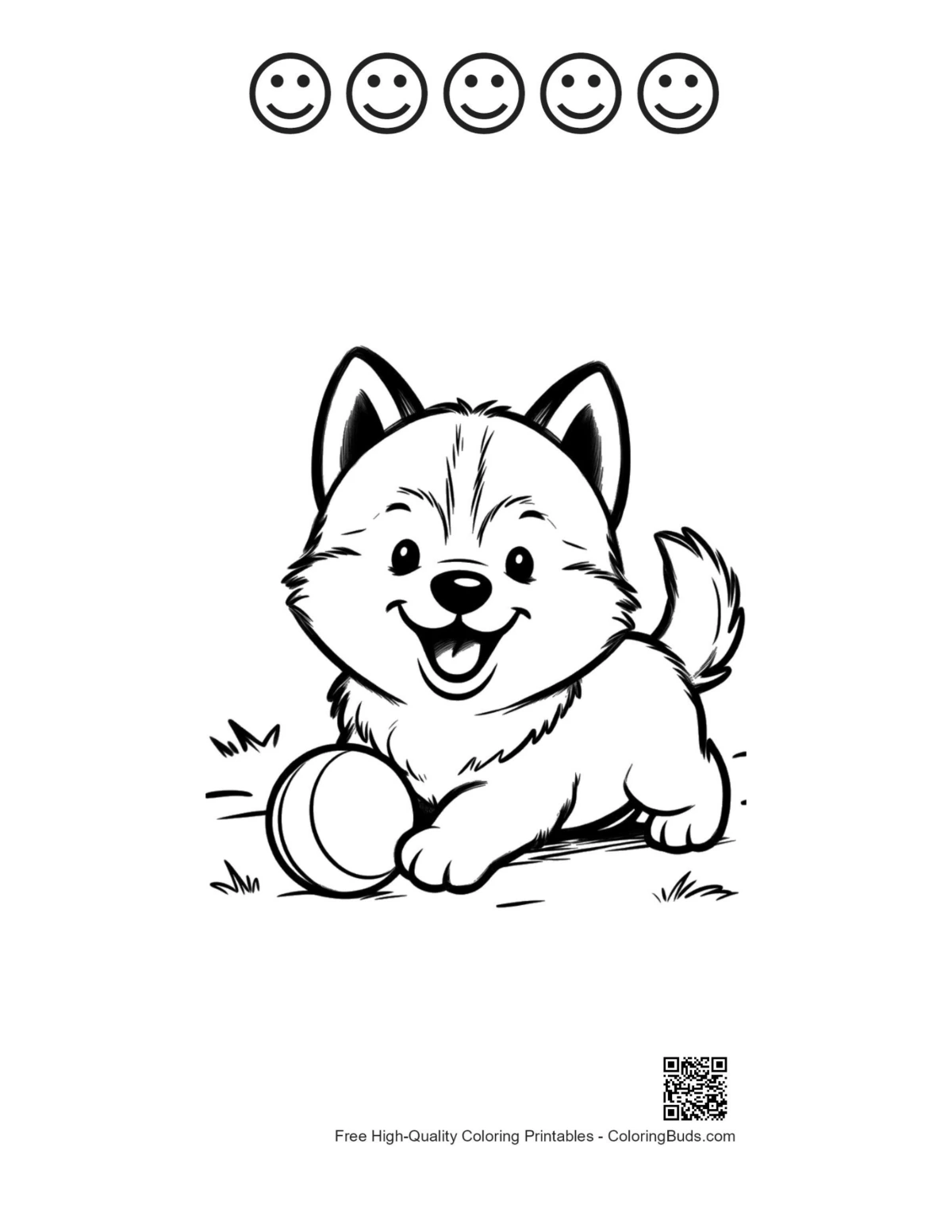 Husky puppy toy ball coloring with happy faces