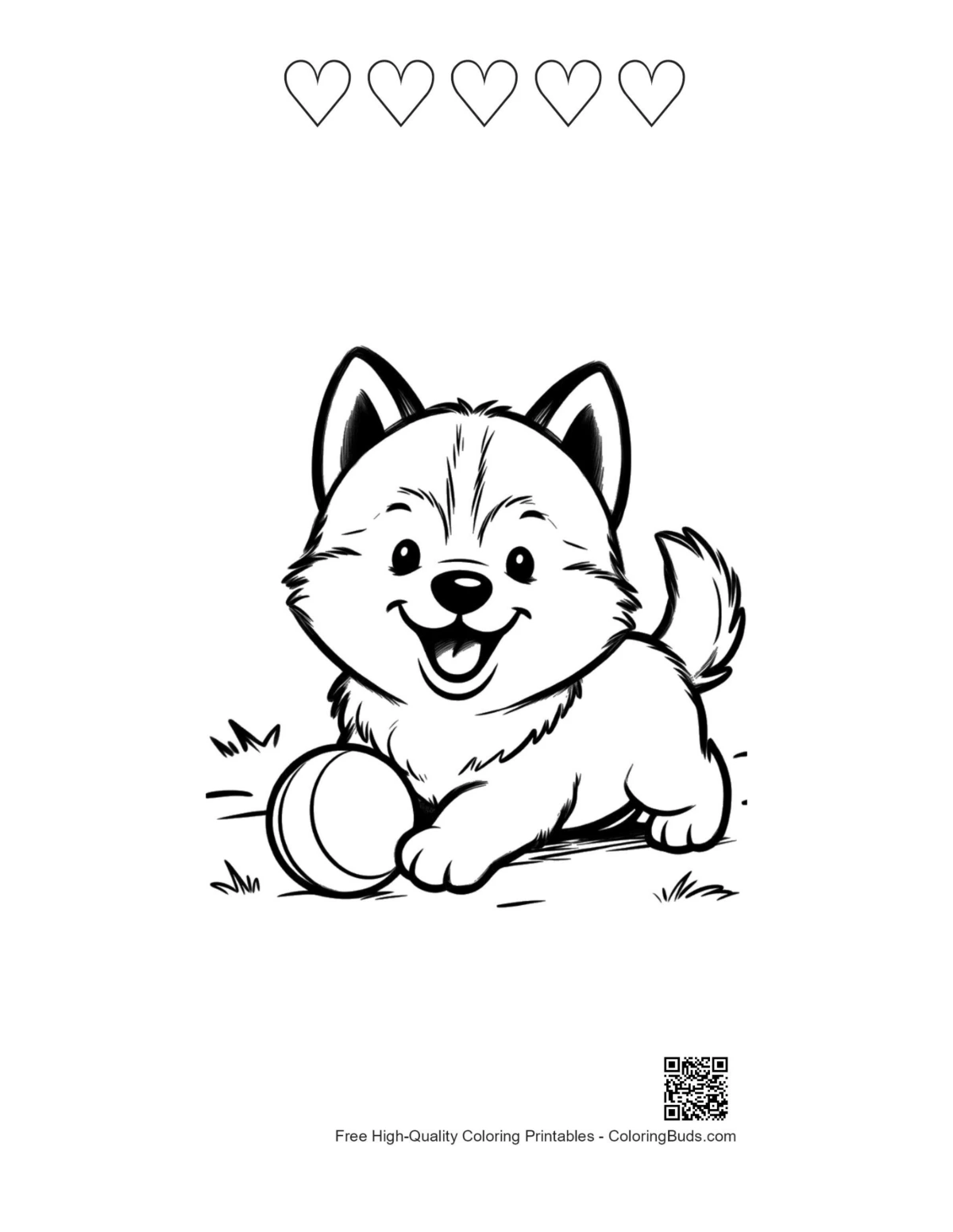 Playful Husky puppy coloring page with hearts