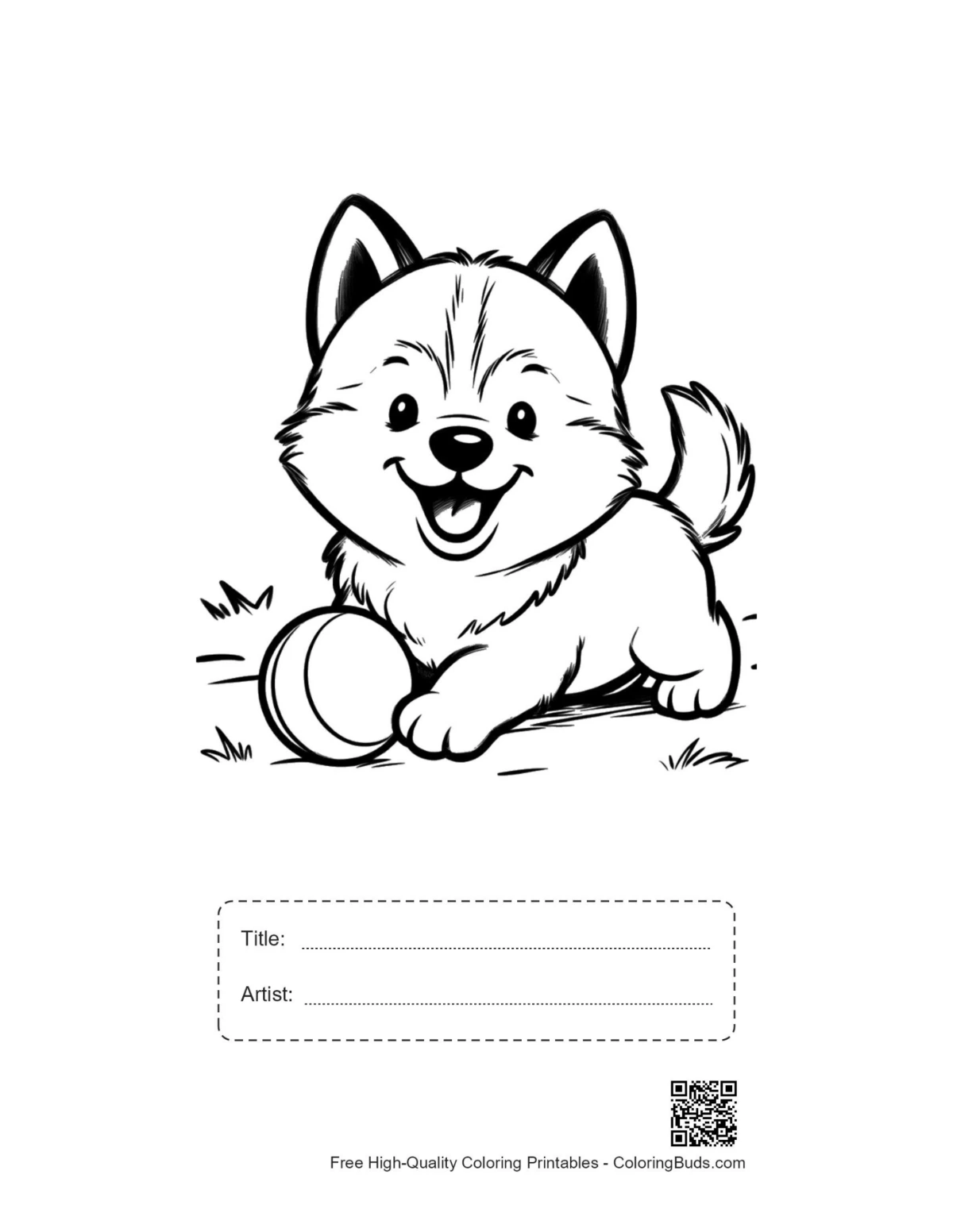Playful Husky puppy toy ball coloring page with title box