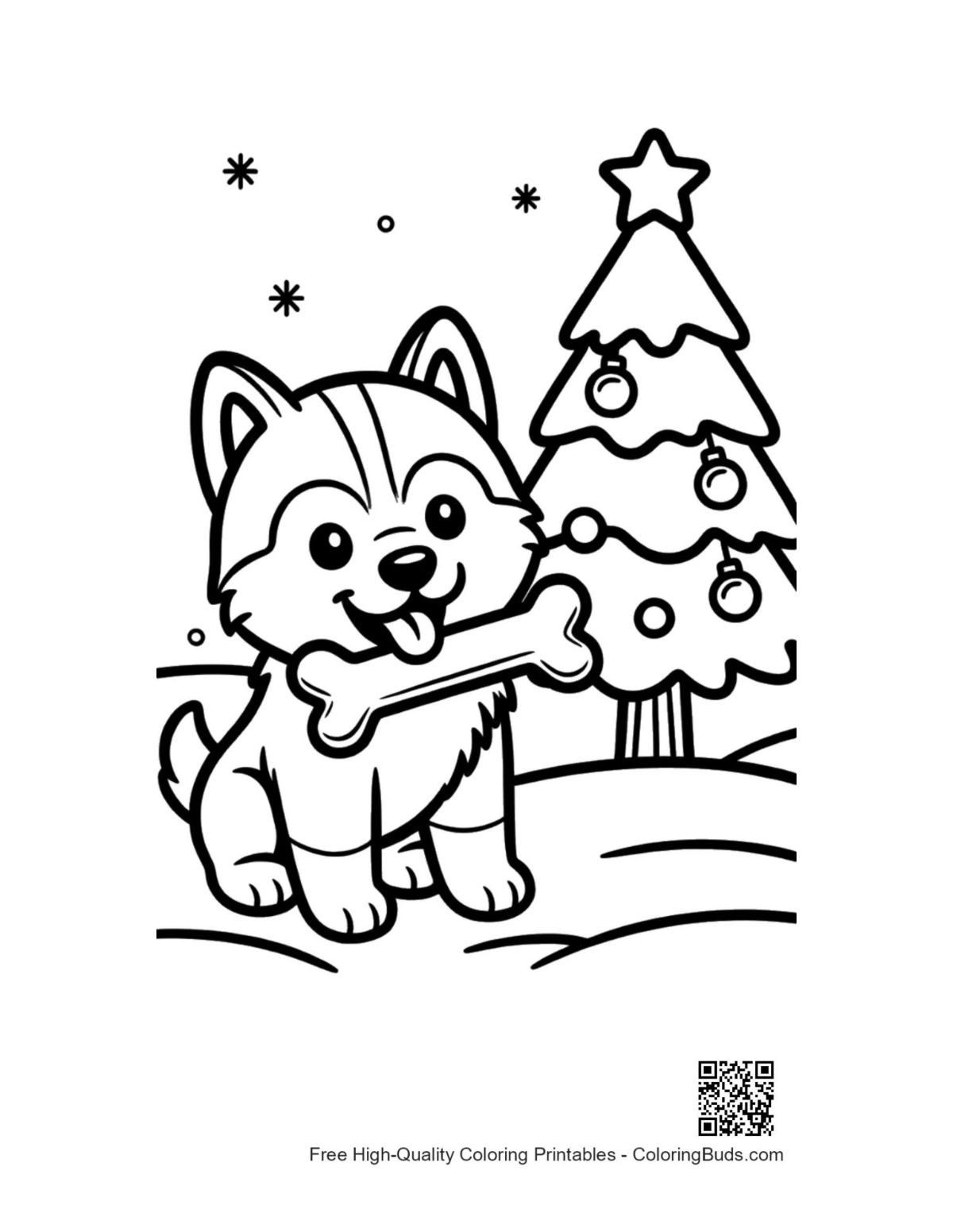 Husky puppy bone Christmas tree coloring printable