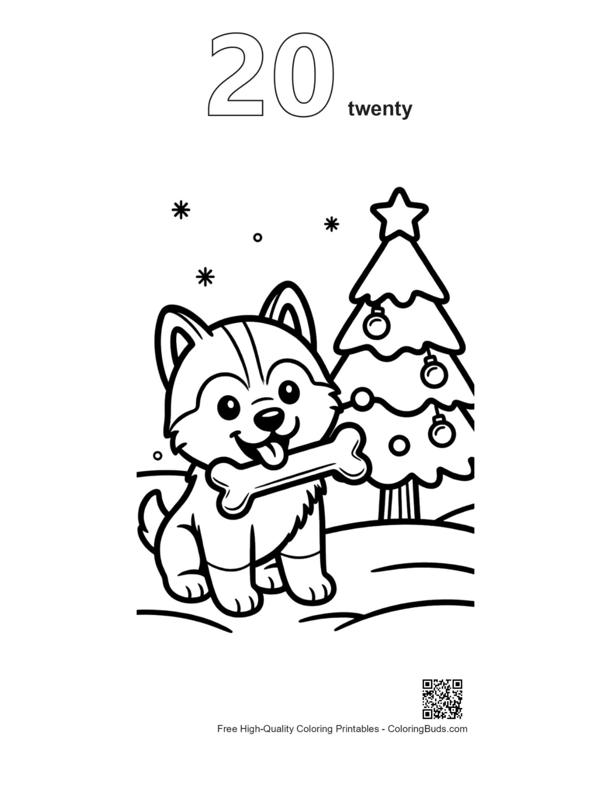 Husky puppy Christmas outline number 20 printable