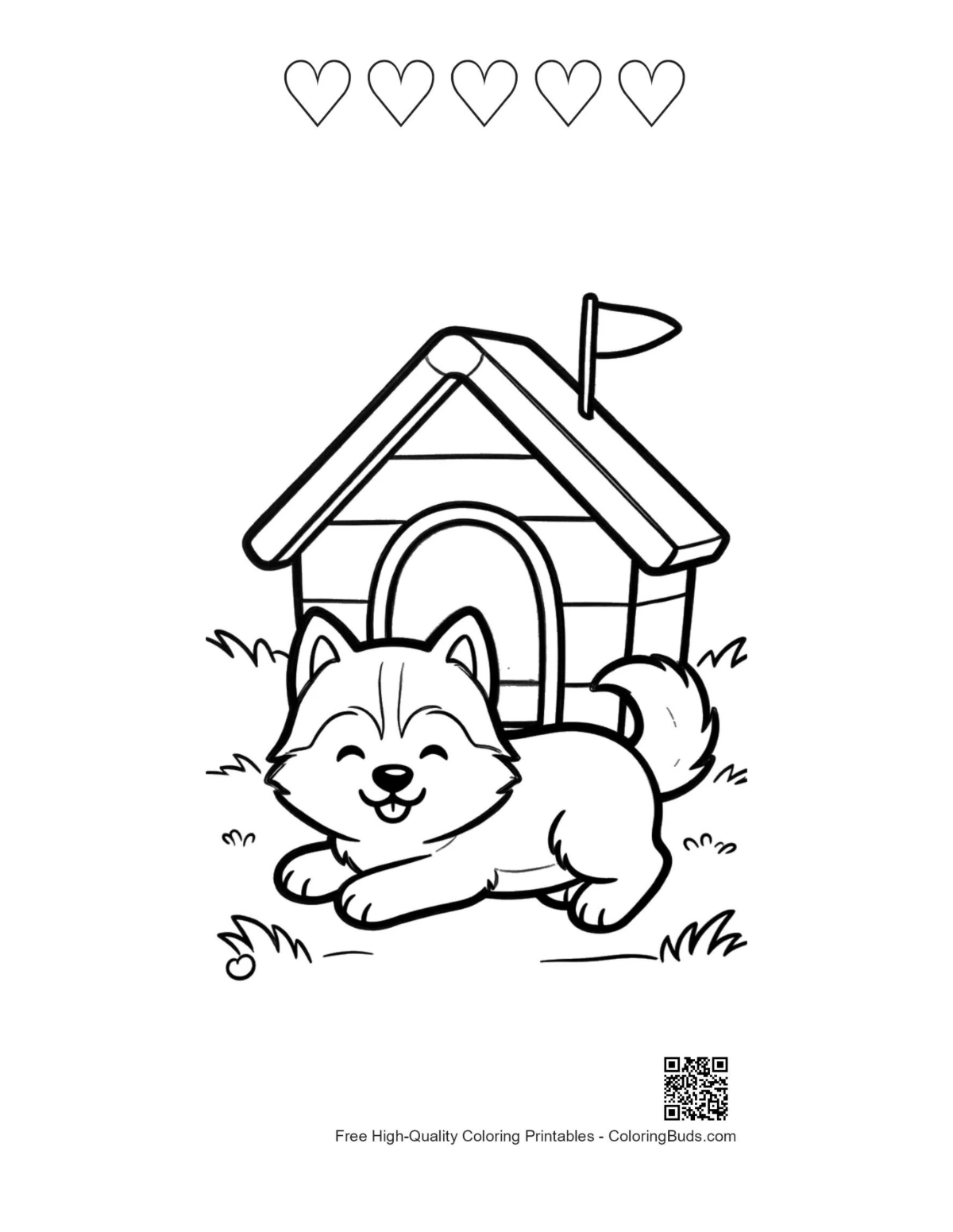 Husky puppy with 5 heart outlines printable