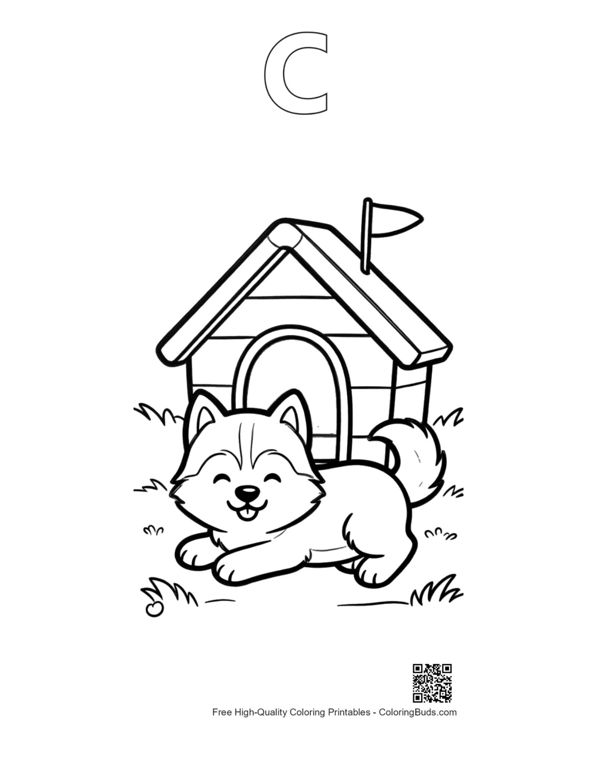 Husky line art with alphabet C outline printable