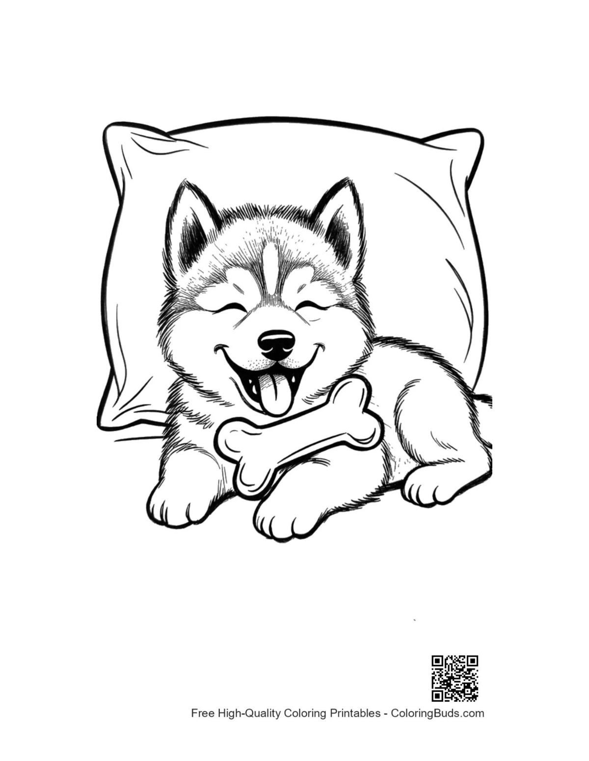 Tranh tô màu chó con Husky dễ thương ngủ trên gối