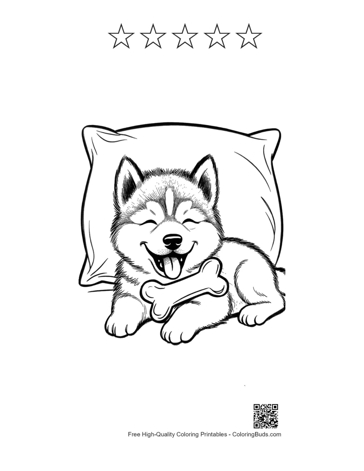 Tranh tô màu Husky ngủ với 5 ngôi sao đường nét