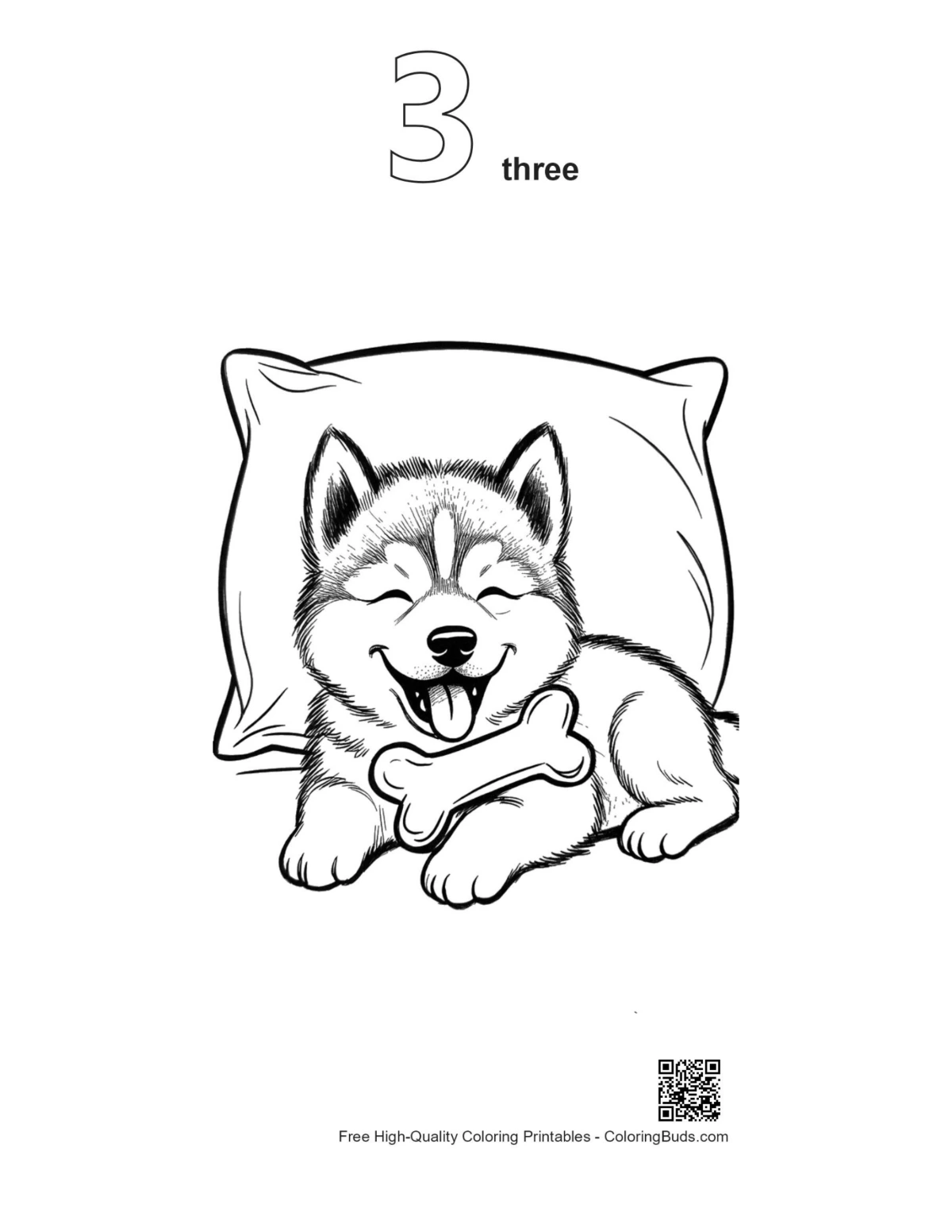 Tranh tô màu Husky ngủ gối đường nét số 3