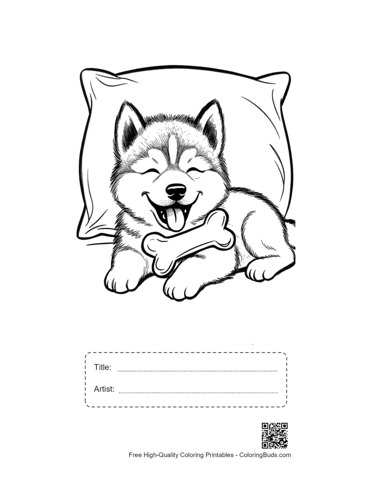 Tranh tô màu Husky ngủ có khung tiêu đề tác giả in miễn phí