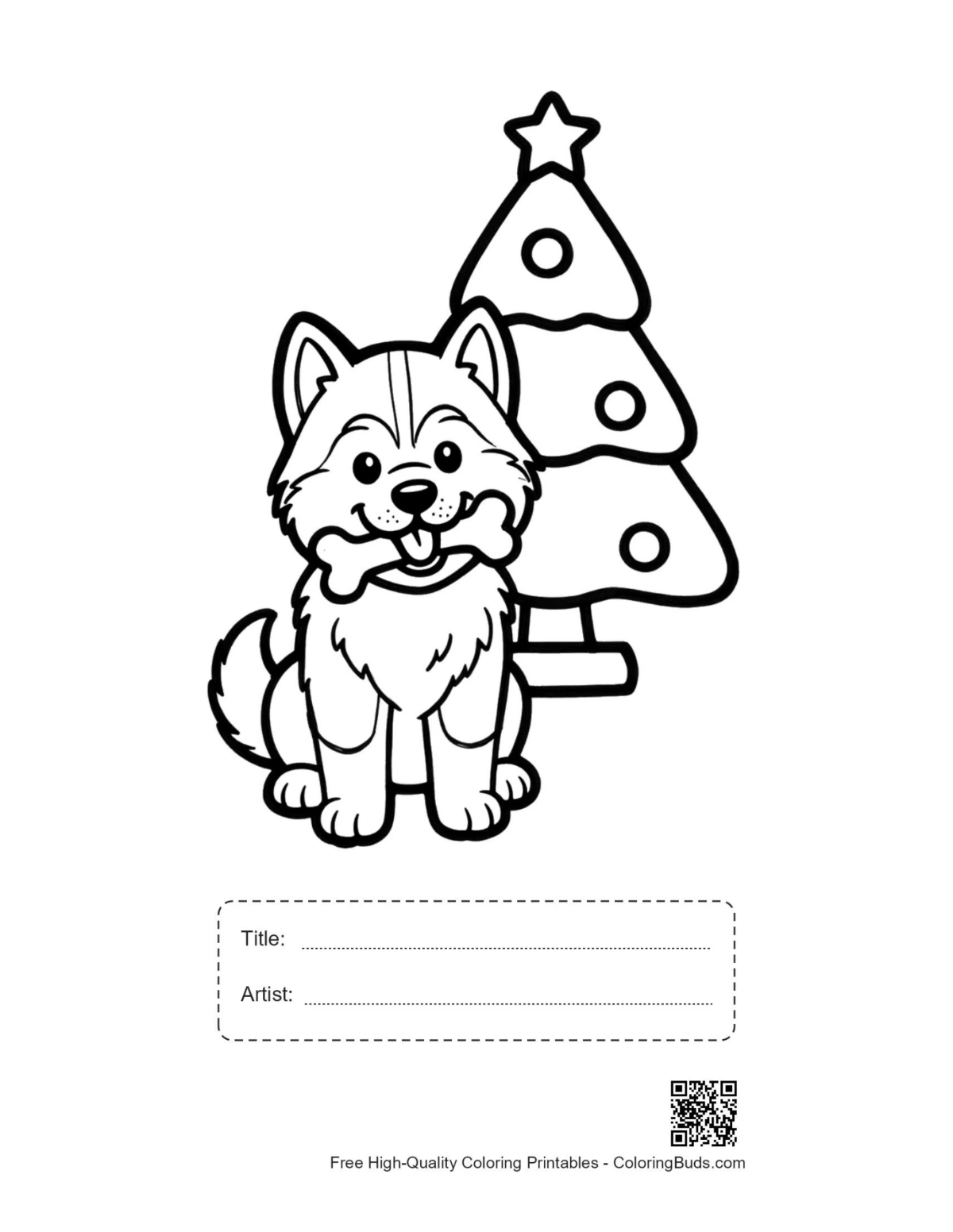 Husky puppy Christmas coloring page with title box