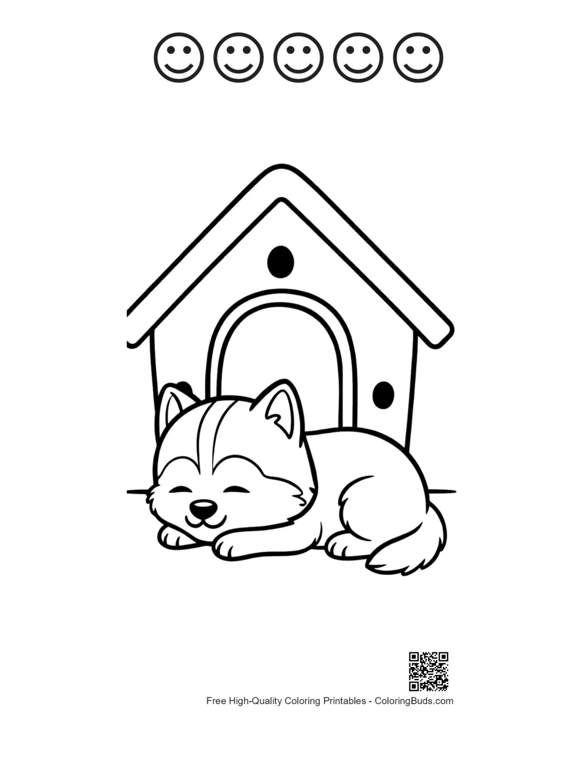Cute Husky puppy coloring with 5 happy faces