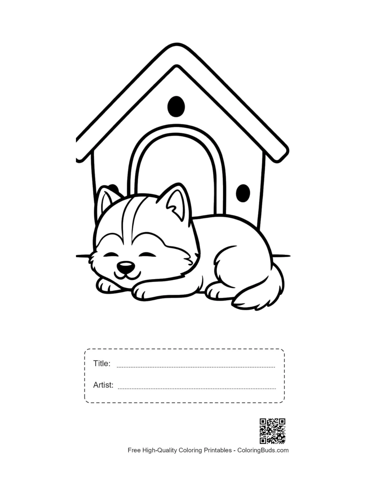 Husky puppy doghouse coloring page with title box