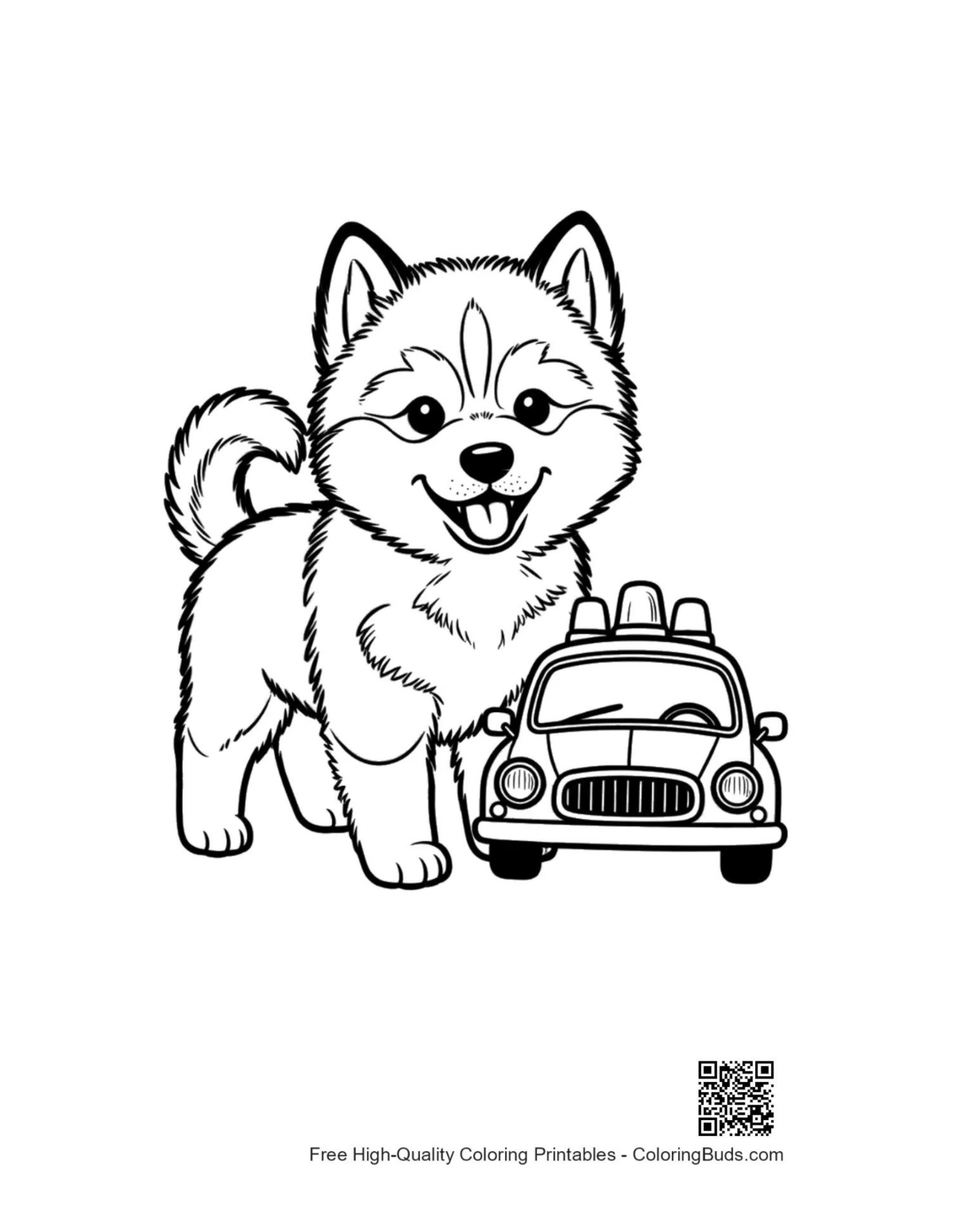 Husky puppy by tiny police cruiser coloring page