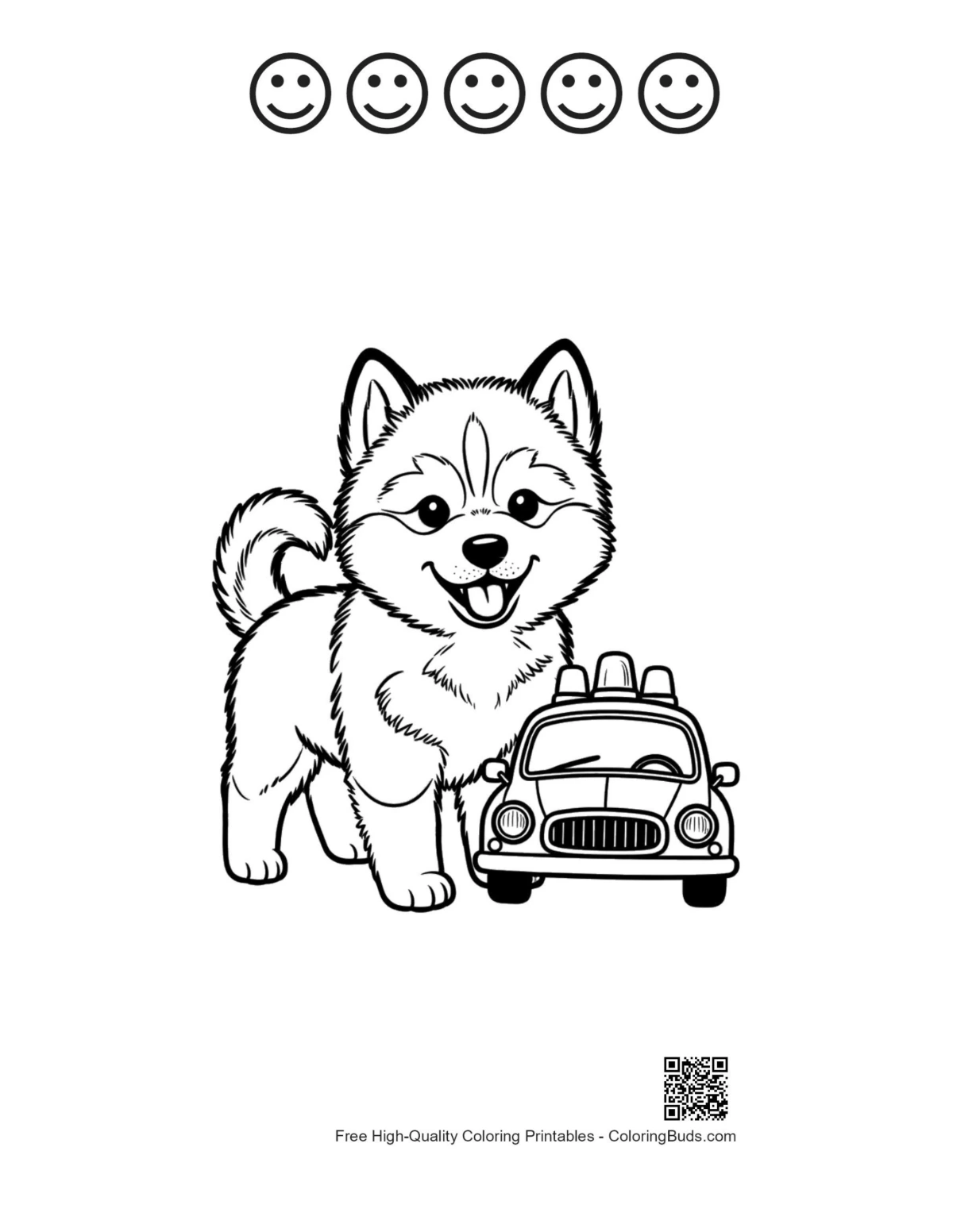 Husky puppy page with 5 happy faces outlines