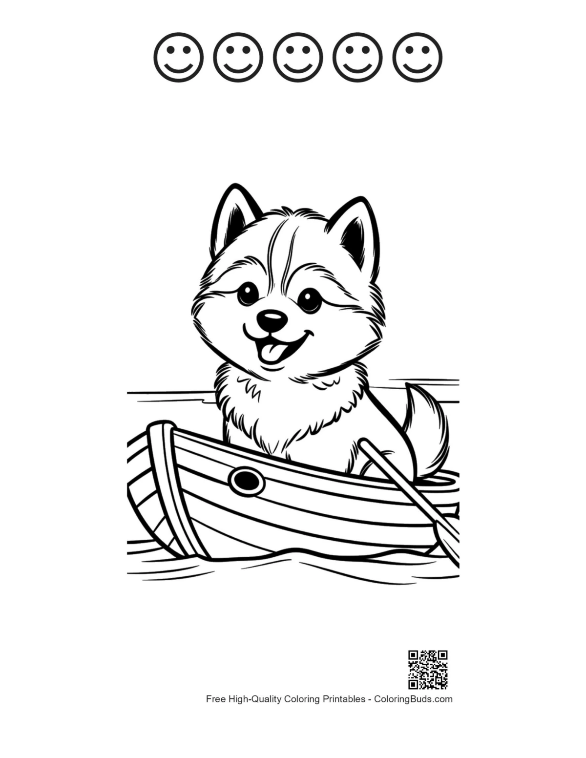 Husky dog coloring printable with 5 happy faces