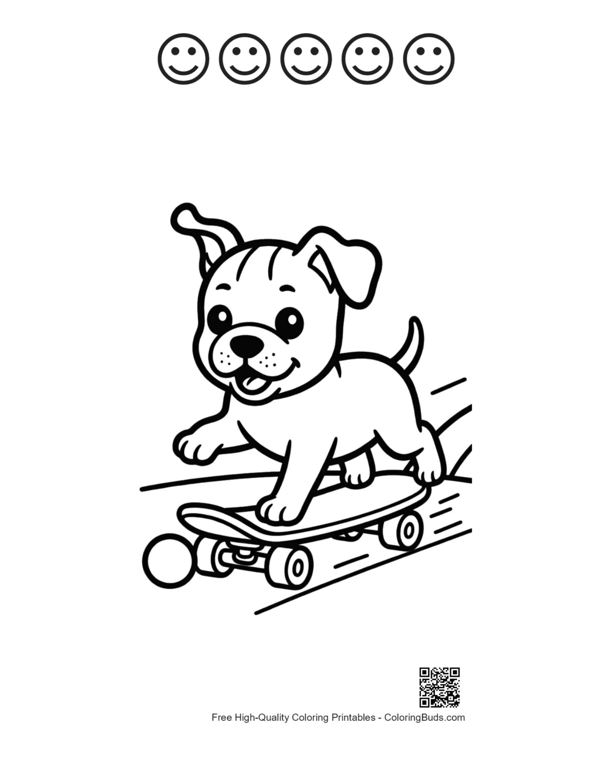 Pitbull puppy skateboard with happy faces coloring sheet