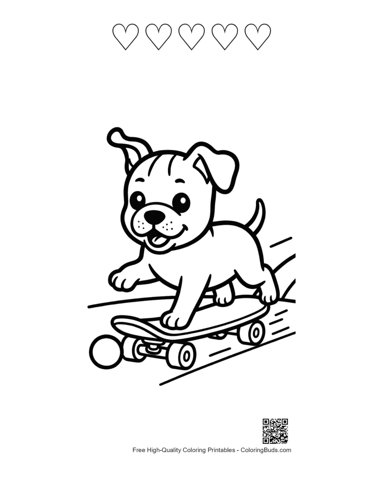 Pitbull coloring printable with 5 heart outlines