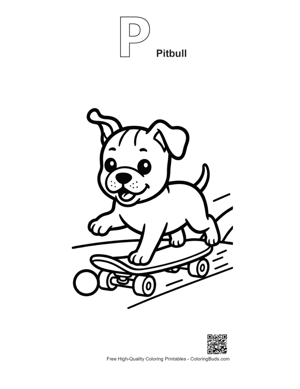 Pitbull puppy skateboard alphabet P outline coloring