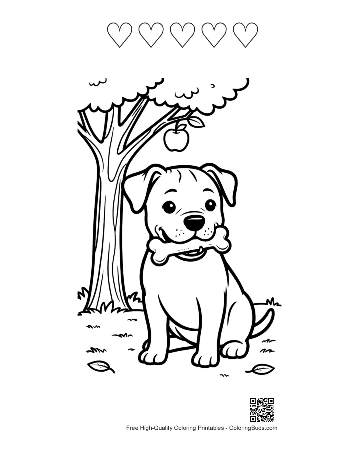 Pitbull puppy coloring with 5 heart outlines