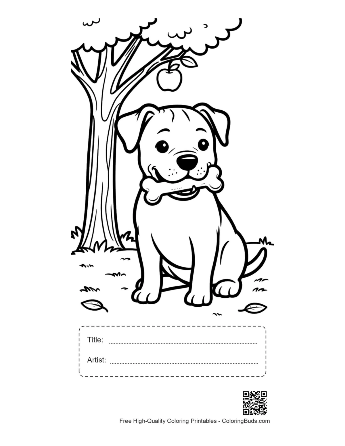 Pitbull puppy coloring page with title and artist box